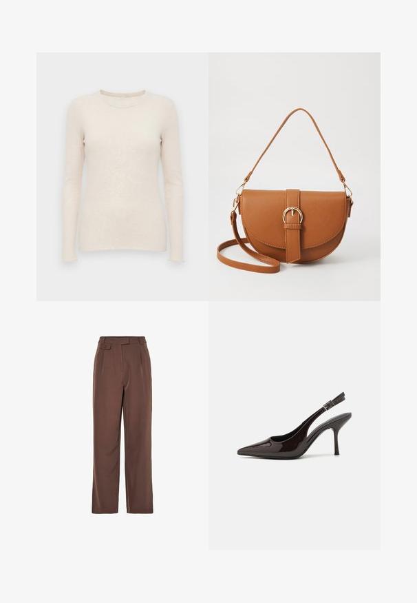 Šviesiai smėlinis ilgo rankovėmis megztinis su raitytu paviršiumi, apvaliu iškirpimu ir prigludusia forma. Minkšta medžiaga ir be siūlių rankogaliai.; Rudos megzti plačiakraščiai kelnių su aukštu juosmeniu, priekiniais raukiniais ir mygtuko detale. Lygi tekstūra su pritaikytu dizainu.; Blizganti tamsiai ruda lakinės odos aukšto kulno bateliai, smailus nosis, atviros šoninės dalys ir reguliuojamas kulkšnies dirželis.; Ruda odinė kryžminė rankinė, turinti kreivą formą, auksinius metalinius elementus ir sagtį. Yra nuimama petneša.