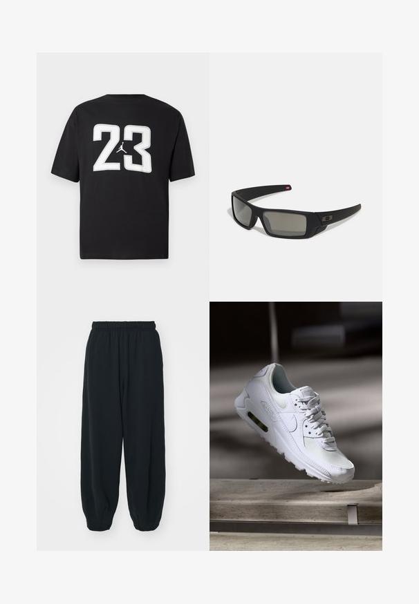 Juodas medvilnės marškinėliai su dideliu baltu „23“ ir Jumpman logotipu priekyje; trumpi rankovės ir klasikinis apvalus kaklas.; Juodi, su elastiniu juosmeniu sportiniai kelnės su laisvu siluetu, suapvalintais kulkšnimis, lygia tekstūra ir be matomų raštų ar metalinių akcentų.; Baltos Nike Air Max 90 sportbačiai su.comi ir odos viršumi, perforuota pirštų dėžute ir matomu oro pagalvėle kulne.; Juodi akiniai saulės su matinio paviršiaus užbaigimu, stačiakampiai lęšiai, švelnus lenkimas ant šventyklų, subtilus logotipo detalizavimas ir dūminiai lęšiai.