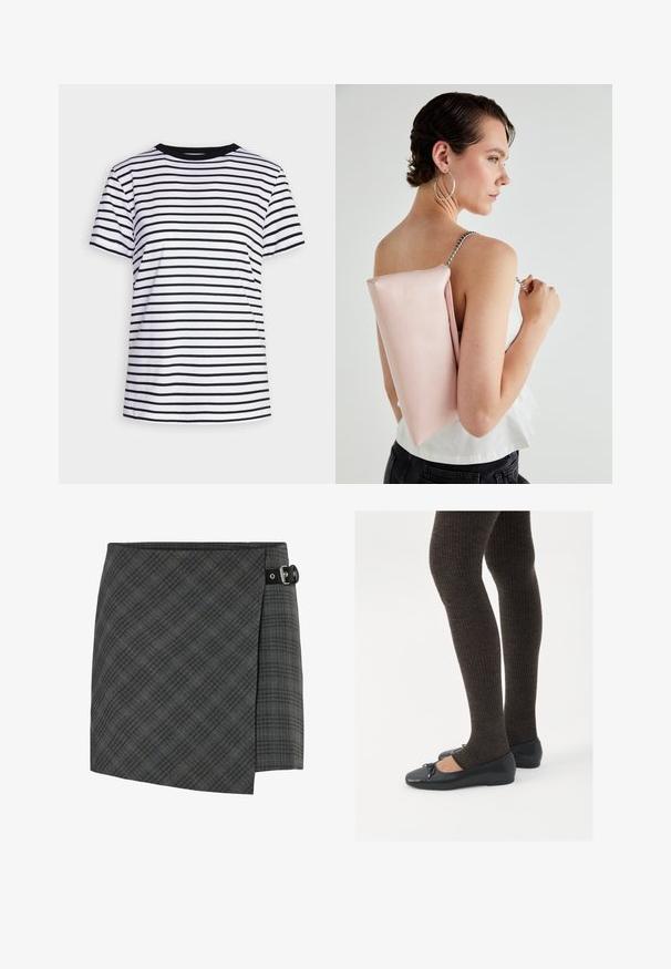 Black and white striped t-shirt made of soft fabric. Features a crew neckline and short sleeves, with evenly spaced horizontal stripes.; Dark gray plaid wool wrap skirt with black buckle detail on the right side, straight hem, and subtle diagonal lines pattern.; Black flat shoes with a small bow detail at the toe, paired with dark brown ribbed tights. Shoes have a smooth texture and low profile.; Pink leather handbag with a rectangular shape, silver chain strap, and smooth texture, worn on the back. Simple design with no visible patterns.
