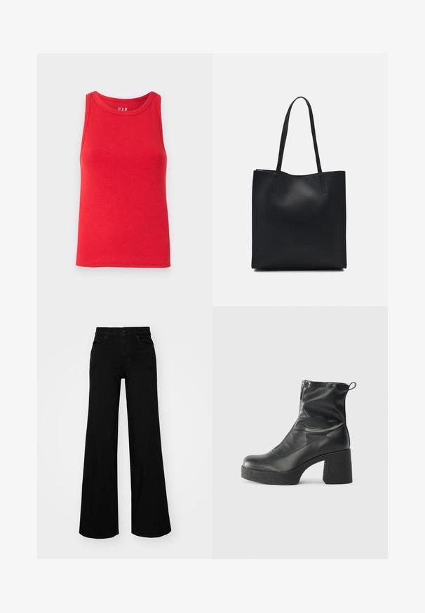 Piros bordázott trikó kerek nyakkivágással és széles pántokkal, könnyű anyagból készült. Nincs díszítés vagy minta.; Fekete, bő szárú farmernadrág, amelynek állítható derékrésze van, övhurkokkal és elülső zsebekkel. Simaság jellemzi, klasszikus dizájnnal.; Fekete bokacsizmák sima bőrből, oldalsó cipzárral, vastag, texturált sarkú és lekerekített orrú dizájnnal.; Fekete bőrtáska sima felszínnel, téglalap alakú, két hosszú füllel. Nincs látható fémkiegészítő vagy díszítés.