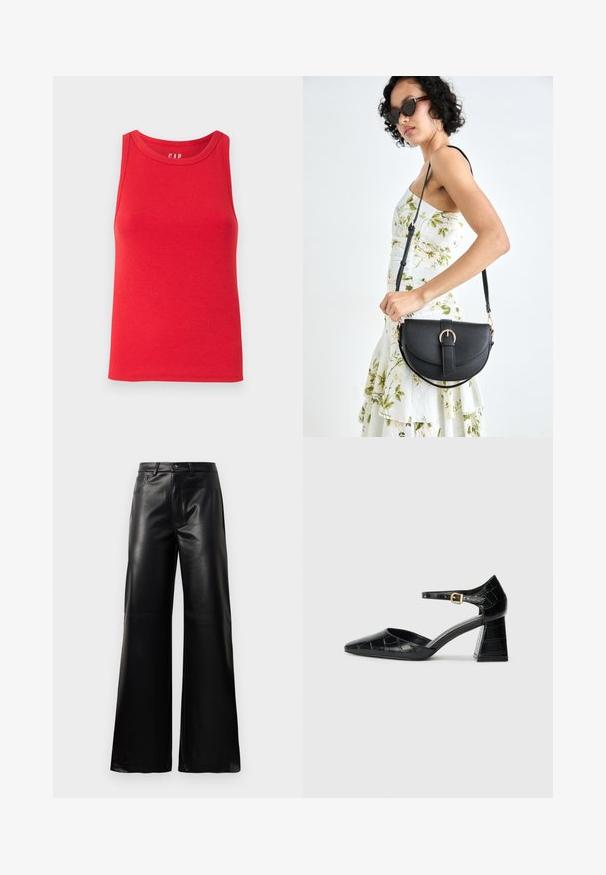 Rød ribbet tanktopp med rund halsing og brede skulderstropper, laget av lett stoff. Ingen dekorasjoner eller mønstre.; Sorte høy midje vide ben bukser i imitert skinn med knapp foran, glidelås, beltehemper og sidelommer på hvit bakgrunn.; Svart lakkert høye hæler med spiss tupp, ankelstropp og teksturert krokodilleskinn-mønster. Design med firkantet blokkhæl.; Svart lærveske med en buet form, avtagbar stropp og gullbeslag. Vesken har et klaff med spenne-detall.