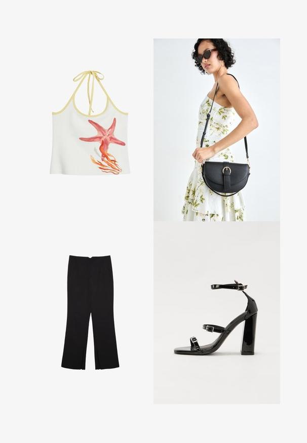 Desigual STARFISH KNOTTED - Top - beige; Pantaloni neri a gamba dritta, con tasche frontali e spacchi laterali all'orlo. Realizzati in tessuto morbido e liscio. Adatti a diverse occasioni.; Sandali con tacco in vernice nera, con punta squadrata, cinturini alla caviglia e fibbie in argento. Presentano un tacco a blocco spesso per maggiore stabilità.; Borsa a tracolla nera in pelle con una forma curva, manico rimovibile e accessori dorati. La borsa presenta una patta con un dettaglio a fibbia.