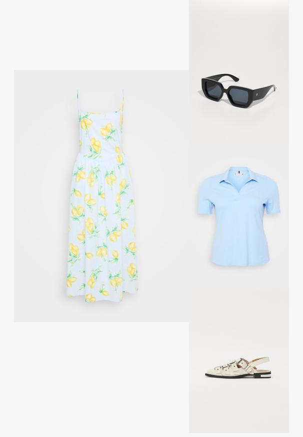 Svijetloplava polo majica od pamuka, s kragnom, kratkim rukavima i izvezenim logom na lijevoj strani prsiju. Glatka tekstura.; Bela obleka z rumenim potiskom limon, tanke naramnice, oprijet zgornji del in leteči krilo. Bombažni material z zelenimi listnatimi poudarki po celotni obleki.; Sandal v slogu z odprtim peto v beli usnjeni obvali z več širokimi trakovi in srebrnimi zaponkami; ravni podplat z majhno črno peto in kovinskimi detajli.; Črne velike sončne očala z geometrijskim dizajnom, pravokotnimi lečami in sijočo površino. Brez vidne blagovne znamke spredaj.; Rumena pletena torbica za ključe z zapiralom, odstranljivim zapestnim trakom in zlatim verižnim poudarkom. Gladka tekstura in pravokotna oblika.; Srebrna obročasta uhana s polirano površino, ki vključuje majhne zlate poudarke in okroglo obliko, nošena na ušesnem lobu.