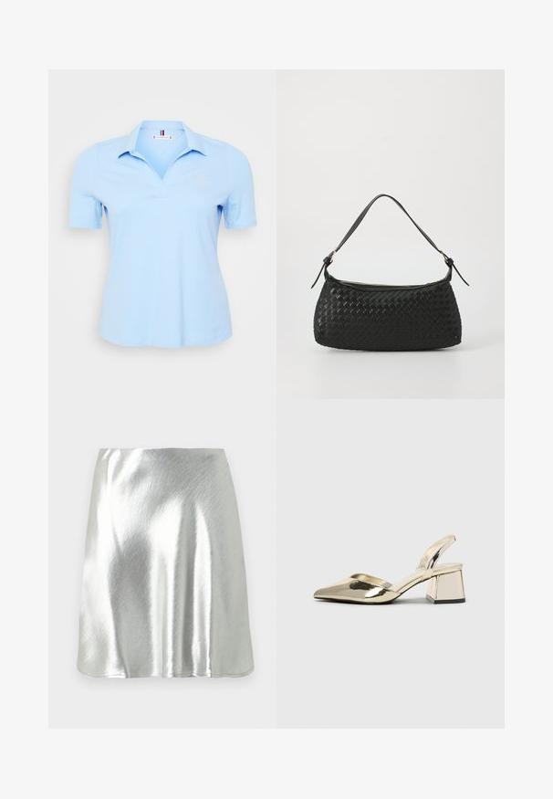 Gaiši zils polo krekls, izgatavots no kokvilnas, ar apkakles kaklu, īsām piedurknēm un izšūtu logo kreisajā krūtī. Gluda tekstūra.; Sudraba metāliska mini svārki ar gludu tekstūru un vieglu spīdumu. Raksturīgs izplešams dizains un vienkārša, tīra mala.; Zeltaini, metāla kurpes ar siksniņām, norakans purngalis un masīla papēdis. Gluda tekstūra, minimālisma dizains un šaura siksna.; Melns austs plecu soma ar gludu ādas siksnu un rāvējslēdzēja aizdari. Iezīmējas ar teksturētu virsmu un izliekumu.