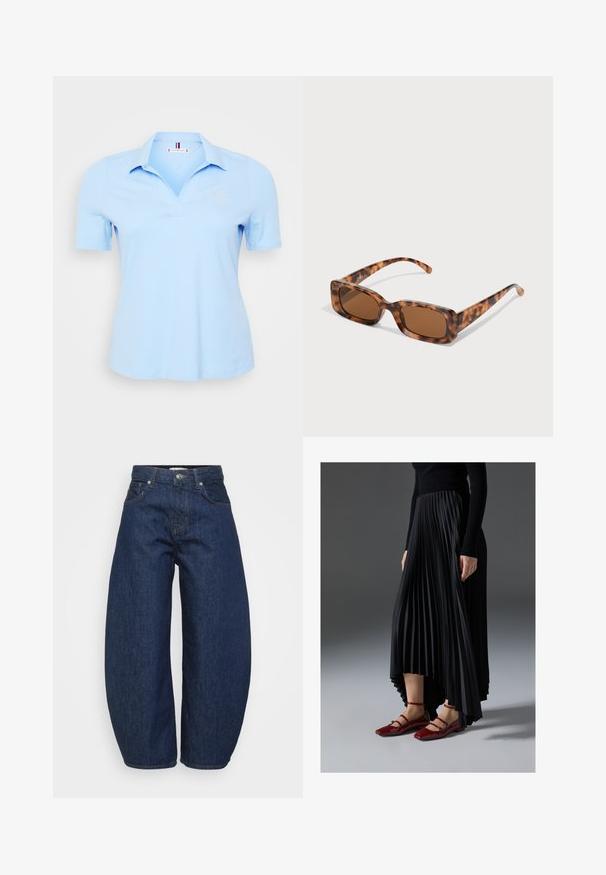 Vaaleansininen puuvillapolo-paita, jossa on kauluspaita, lyhyet hihat ja brodattu logo vasemmassa rinnassa. Sujuva pinta.; Tummansiniset korkeavyötäröiset farkut, joissa on leveät lahkeet, edessä nappi- ja vetoketjukiinnitys sekä klassinen viiden_taskun malli.; Musta pleatattu hame, jossa on korkea-matala helma, yhdistettynä kiiltäviin punaisiin ballerinoihin, joissa on nauhasuunnittelu. Kangas on sileä.; Aurinkoaurinkolasit kilpikonnakuosisilla, suorakulmaisilla ruskeilla linsseillä, paksulla kehysrakenteella ja ohuilla varsilla, joissa on vaihtelevaa ruskean sävyä.; Hopea renkaankorvakoru kiiltävällä pinnalla, jossa on pieniä kultaisia yksityiskohtia ja pyöreä muoto, käytetty korvalla.