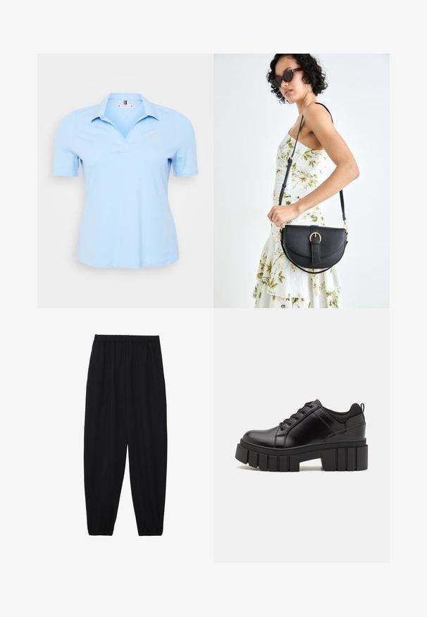 Lyseblå polo-shirt lavet af bomuld, med krave, korte ærmer og broderet logo på venstre bryst. Glat tekstur.; Sort, lette bukser med elastisk talje og sammenfoldede ankler. Stoffet er glat og har et afslappet, indsnævret design.; Sorte læder platform sko med en klodset blokhæl, rund tå og traditionelt snøredesign. Har en glat tekstur og minimal detaljering.; Sort læderhåndtaske med en buet form, aftagelig rem og guldfinish. Tasken har en klap med en spænde detalje.