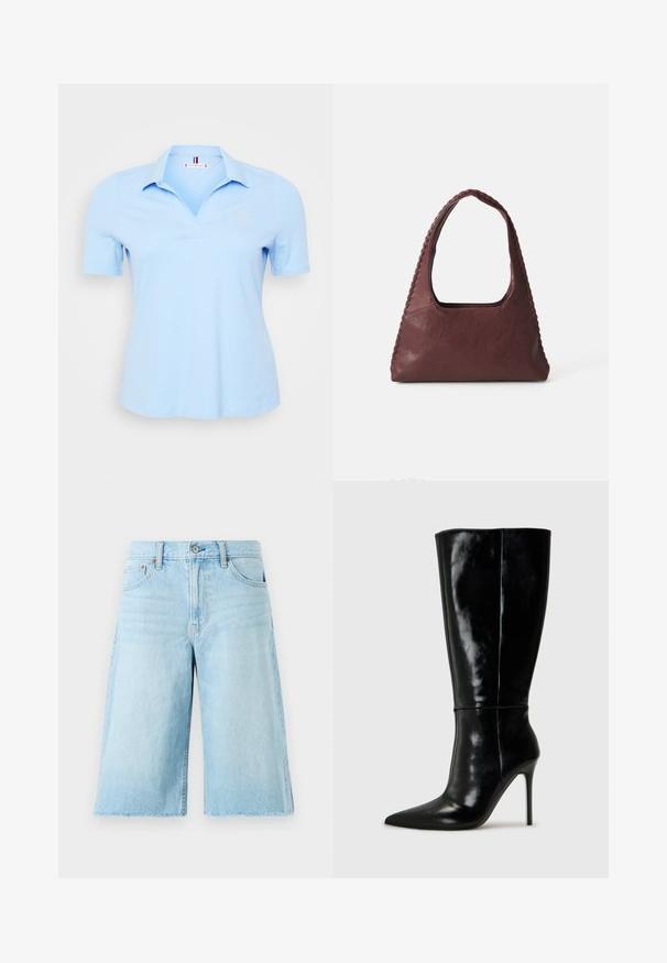 Světle modré polo tričko vyrobené z bavlny, s límečkem, krátkými rukávy a vyšitým logem na levé straně hrudi. Hladká textura.; Světle modré denimové šortky volného střihu, s třepeným lemem, pěti kapsami a kovovými doplňky. Klasický design džínů s jemným vyblednutím.; Černé kožené vysoké boty po kolena s špičatou špičkou a vysokým jehlovým podpatkem. Hladká textura a elegantní design, s minimálními detaily.; Burgundská kožená kabelka trojúhelníkového tvaru, s otevřeným topem a tkaným detailem podél rukojeti. Hladký povrch s matným finišem.; Stříbrné kruhové náušnice s hladkým, leštěným povrchem. Kulatý tvar s mírně zakřiveným designem a spojenými okraji. Uzávěr na kolík.