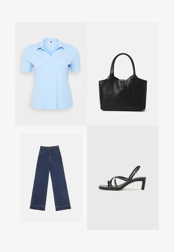 Svijetloplava polo majica od pamuka, s kragnom, kratkim rukavima i izvezenim logom na lijevoj strani prsiju. Glatka tekstura.; Široke traperice v temno modrem denimu. Imajo pet žepov, zanke za pas in surov rob na dnu z vidnimi šivi.; Črne natikače s trakovi in kvadratnim prstom ter nizkim blokastim peto. Imajo več tankih trakov in nastavljiv trak okoli gležnja. Narejene so iz gladkega usnja.; Črna usnjena torba s gladko teksturo, strukturirano obliko, dvema ročkama in izrazitim srebrnim sponko na sprednji strani.; Srebrn dvojni prstan z gladko, polirano površino. Ima tekoč, ukrivljen dizajn z prekrivajočimi se sekcijami za sodoben videz.