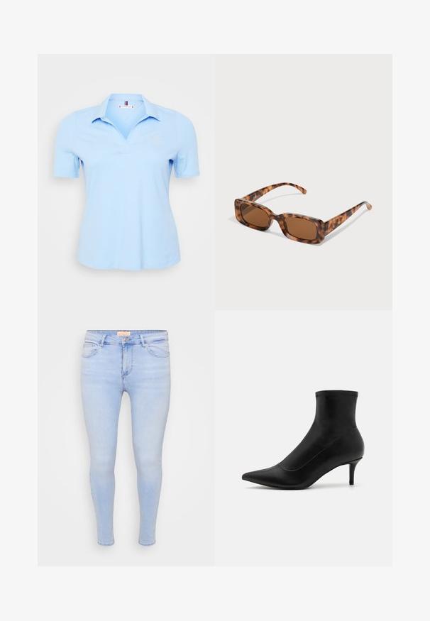 Hele sinine polo-särk, mis on valmistatud puuvillast, krae, lühikeste varrukate ja vasakul rinnal tikandiga logo. Sile tekstuur.; Heledad teal sinised teksad, mis on valmistatud denimist. Omavad esipockets ja lukuaugu nupuga sulgemist. Sile tekstuur ja kitsenev sääre disain.; Mustad mustad madud mustast nahast, millel on terav varvas ja lühike, õhuke konts. Omab sujuvat disaini ja peeneid õmbluse aktsente.; Kilpkonna kestaga prillid, millel on ristkülikukujulised pruuni värvi objektiivid, paks raam ja peened käed, millel on erinevate pruunide toonide muster.; Hõbedased rõngaskõrvarõngad, millel on sile, läikiv viimistlus. Ümmargune kuju ja turvaline klõpsulatus. Kerge disain, sobib igapäevaseks kandmiseks.