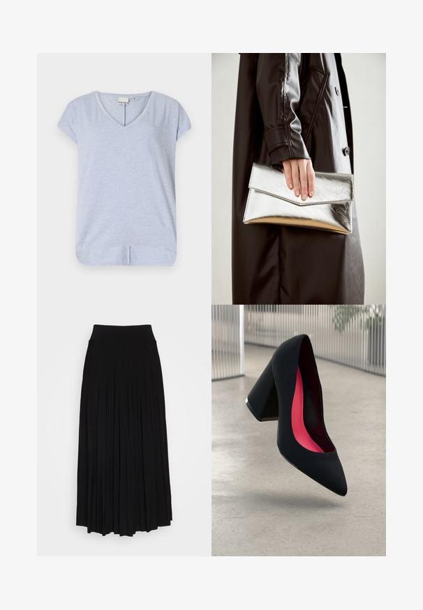 Světle modrý krátký rukáv top s výstřihem ve tvaru V, vyrobený z jemné látky, s mírně zakřiveným lemem a malým postranním rozparkem pro snadný pohyb.; Černá plisovaná sukně s vysokým, elastickým pasem. Vyrobena z měkké tkaniny, se svislými sklady pro splývavý siluetu.; Černá vysoká podpatková bota s špičatou špičkou, texturovaným povrchem a živým růžovým interiérem. Obsahuje masivní podpatek se stříbrným akcentem.; Stříbrná metalická kabelka ve tvaru klínového obálkového designu, hladké textury a s kontrastní barvou uvnitř, držena v ruce s černým kabátem.