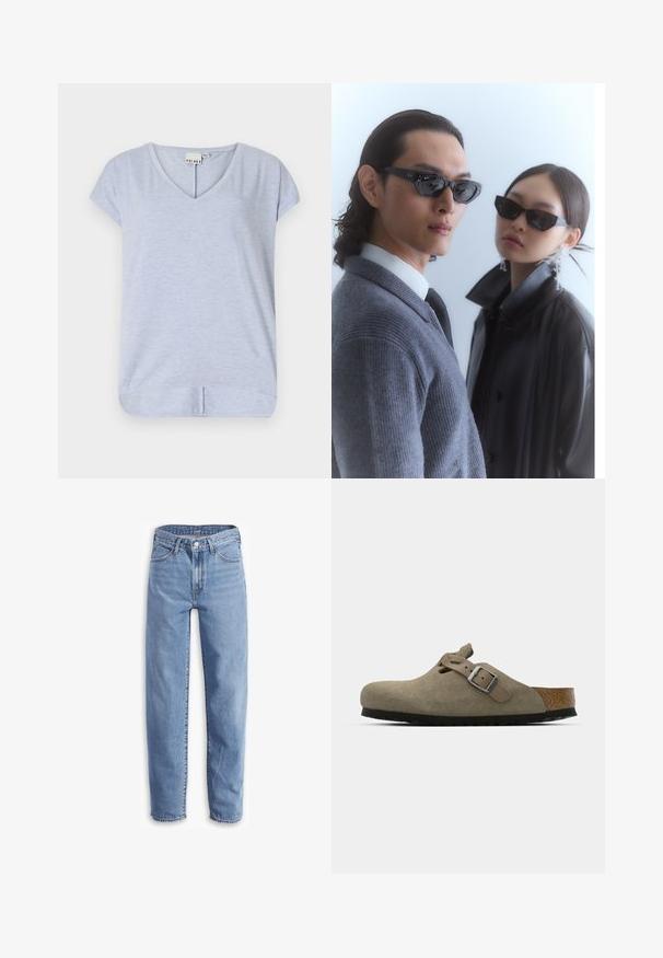 Svetloblusa kratkotrajna majica z V-izrezom iz mehkega materiala, z rahlo ukrivljenim robom in majhnim stranskim razporkom za lažje gibanje.; Svetlo modri traper hlače, sproščenega kroja, ravne nogavice, z načrtovanjem petih žepov in raztrganimi robovi za sproščen videz.; Semišni klobuki v svetlo olivno zeleni barvi z oblikovanim plutovim in gumijastim podplatom. Vključuje stransko zanko z kovinsko zaponko in zaobljenim nosom.; Sončne očala z oglatimi črnimi okvirji na modelu s sivo jopico, ki prikazuje teksturirano pletenino, in črno usnjeno jakno, ki jo nosi drug model.