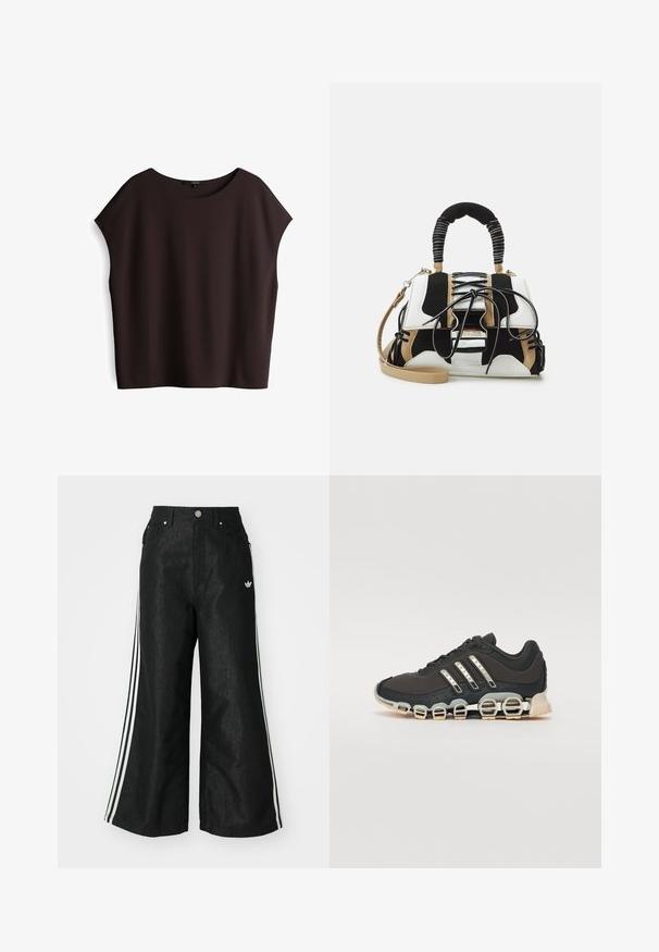 Top corto a maniche corte di colore marrone scuro, con scollatura arrotondata e texture morbida e liscia. Vestibilità ampia con cuciture delle spalle scese e senza chiusure visibili.; Pantaloni in denim neri a gamba larga con tre strisce bianche su ciascun lato e un piccolo logo bianco. Presentano tasche frontali e chiusura con bottone.; Scarpa da ginnastica nera con tomaia testurizzata, tre strisce argentate e una suola ammortizzata distintiva con più sezioni integrate.; Borsa multicolore con rete nera, bianca e beige. Presenta un manico testurizzato, un design con lacci e una tracolla rimovibile.