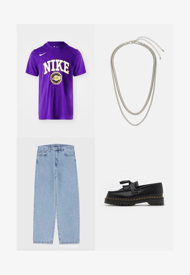 Purple cotton t-shirt featuring white "NIKE" text with yellow outline and a Los Angeles Lakers logo centered below. Crew neck and short sleeves.; Light blue denim jeans with straight leg design, featuring a mid-rise waist, five pockets, and a button and zipper closure.; Black leather loafer with a tasseled accent, featuring a chunky black sole and yellow stitching along the edge. Textured finish.; Three-layered silver metal necklace featuring sleek, flexible chains with a slight sheen, secured with a lobster clasp and adjustable chain.