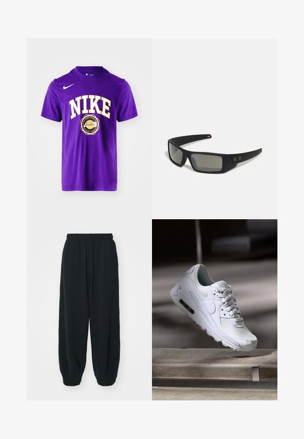 Lila pamut póló, fehér "NIKE" felirattal, sárga kerettel, a Los Angeles Lakers logóval középen alatta. Kerek nyakkivágású és rövid ujjú.; Fekete, rugalmas derékpántos melegítőnadrág, laza fit, véget érő szárakkal, sima textúrával, látható minták vagy hardver díszek nélkül.; Fehér Nike Air Max 90 sneaker, amely hálós és bőr felsőrésszel, perforált orr-résszel és látható légpárnás egységgel rendelkezik a saroknál.; Fekete napszemüveg matt felülettel, téglalap alakú lencsékkel, enyhe ívvel a templomokon, diszkrét logó részlettel és füstszínű lencsékkel.