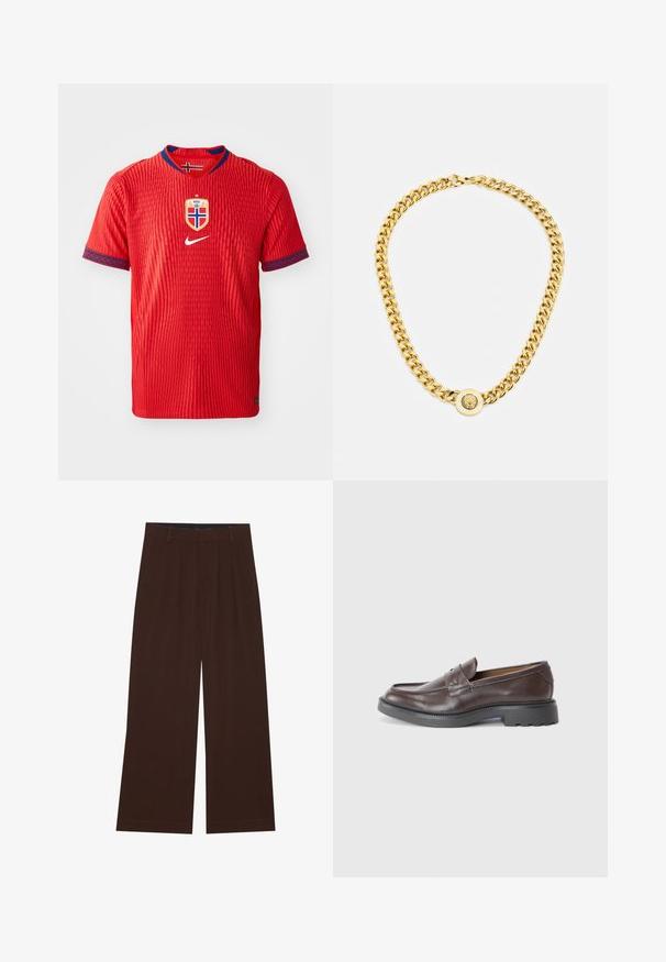 Červený dres Nike s texturovaným vzorem, s kulatým výstřihem, modrými akcenty na rukávech a znakem národního týmu Norska na hrudi.; Hnědé kalhoty s širokým střihem a skladbami. Vyrobeny z hladké tkaniny, s upraveným pasem a postranními kapsami. Rovný lem na spodní straně.; Hnědé kožené mokasíny s hladkým povrchem, kulatou špičkou, minimálním prošíváním a silnou černou gumovou podrážkou. Žádná viditelná kovová součást nebo akcenty.; Zlatý řetězový náhrdelník s velkými propletenými články, zdobený kruhovým přívěskem se zvýšeným emblémem uprostřed.