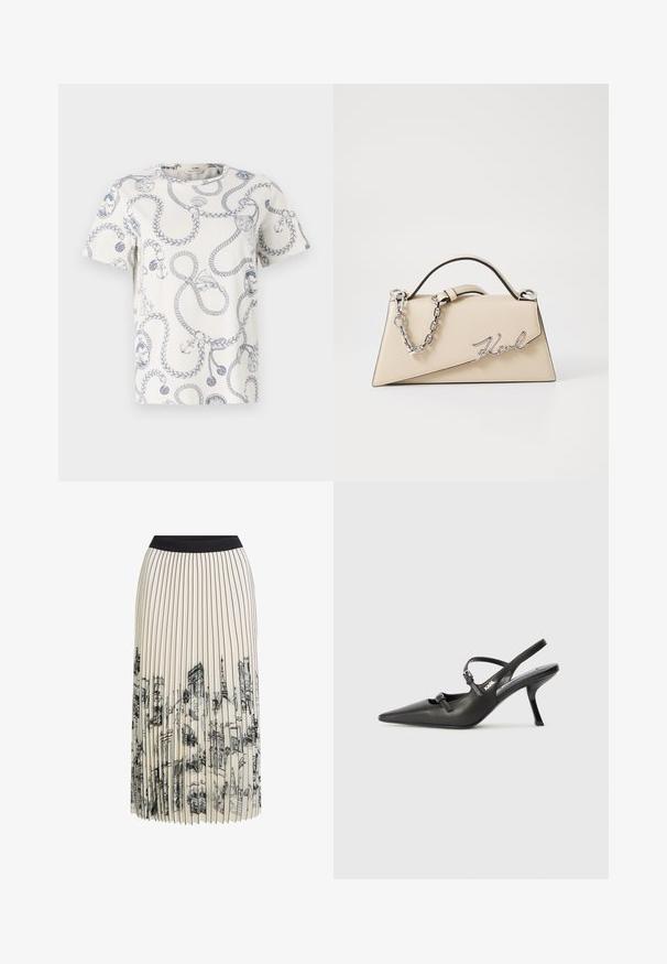 Hvid t-shirt med blå maritimt inspireret tryk, der inkluderer reb, ankre og dekorative motiver. Rund halsudskæring og korte ærmer.; Plisseret nederdel i creme med en sort talje, der har et detaljeret arkitektonisk skitseringsprint i sort, som fremhæver forskellige bygningers design.; Sorte læder slingback hæle med spids tå, slank hæl og dekorativ spænde detalje på vampen. Glat tekstur og strømlinet design.; Beige læderhåndtaske med en struktureret, trekantet form, der har et sølvfarvet kædehåndtag og et kursivlogo i metal.