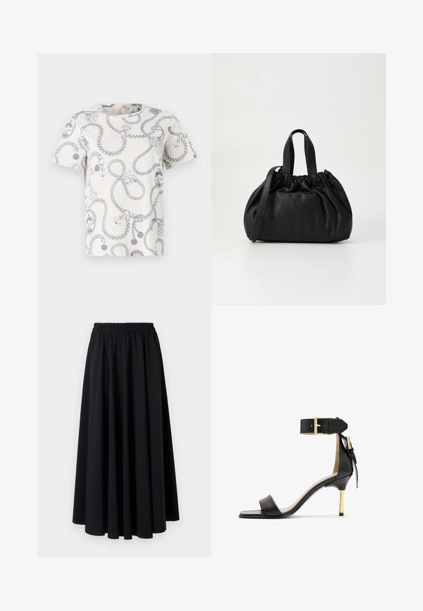 White t-shirt with blue nautical-themed print featuring ropes, anchors, and decorative motifs. Round neckline and short sleeves.; Black, floor-length skirt made of soft fabric with a wide, gathered elastic waistband and smooth, flowing design. No patterns or accents.; Black leather heeled sandal with a square toe, ankle strap featuring a gold buckle, and a slender metallic heel. Smooth texture, minimalist design.; Black leather handbag with a gathered top design, featuring two short handles and a long adjustable strap. Smooth texture, rounded shape.