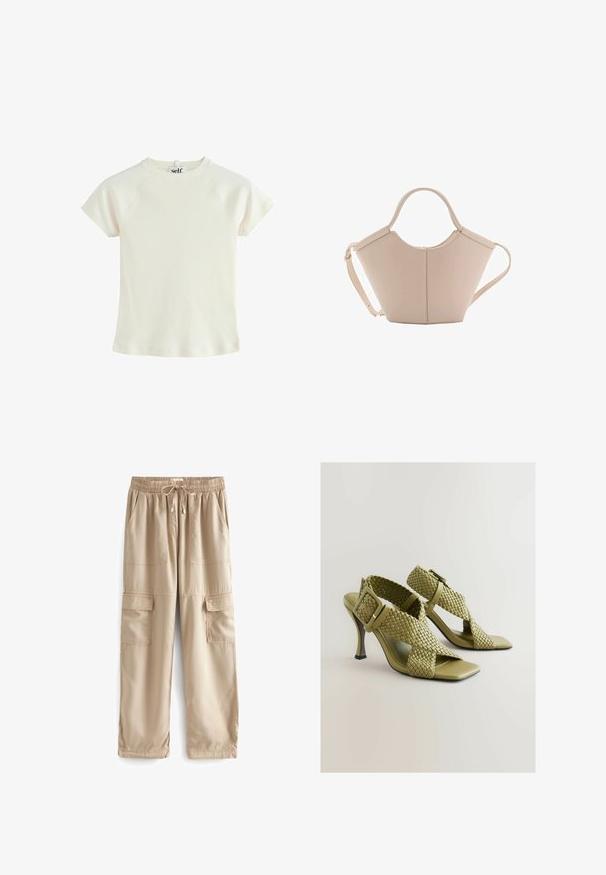 Bílý žebrovaný tričko s krátkým rukávem, kulatým výstřihem a raglánovými rukávy. Texturovaná látka s běžným střihem. Logo tag na zadní straně krku.; Beige cargo kalhoty vyrobené z lehkého materiálu, s elastickým pasem, šňůrkou a několika velkými předními kapsami.; Zelené tkané sandály na podpatku s nastavitelním sponou, čtveratou otevřenou špičkou a hladkou podrážkou. Mají elegantní, štíhlý vysoký podpatek a texturované pásky.; Beige kožená kabelka s jedinečným tvarem, vybavená dvěma krátkými uchy a dlouhým nastavitelným popruhem. Hladká textura s minimem kovových doplňků.