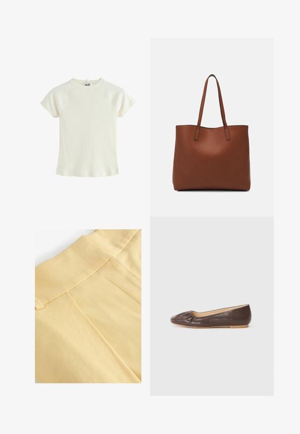 T-shirt bianco a righe con maniche corte e scollatura rotonda. Tessuto testurizzato con una vestibilità regolare. Etichetta logo sul retro del collo.; Primo piano di un tessuto giallo con una texture liscia, caratterizzato da una vita cucita e da pieghe sottili.; Ballerina in pelle marrone con punta arrotondata, dettagli arricciati sul davanti e suola piatta di colore chiaro.; Borsa tote in pelle marrone con texture liscia, design con apertura superiore e due spallacci. Presenta cuciture minime e nessun hardware visibile.