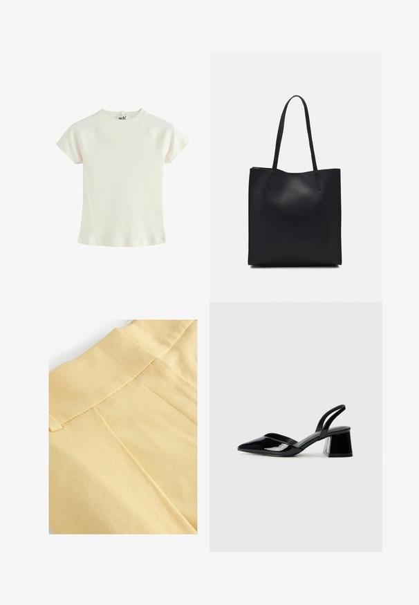 T-shirt bianco a righe con maniche corte e scollatura rotonda. Tessuto testurizzato con una vestibilità regolare. Etichetta logo sul retro del collo.; Primo piano di un tessuto giallo con una texture liscia, caratterizzato da una vita cucita e da pieghe sottili.; Décolleté in vernice nera con punta affusolata e tacco in geometria cubica. Presentano un design elegante e minimalista, con una texture liscia.; Borsa tote in pelle nera con texture liscia, forma rettangolare e due manici lunghi. Nessun hardware o decorazione visibile.