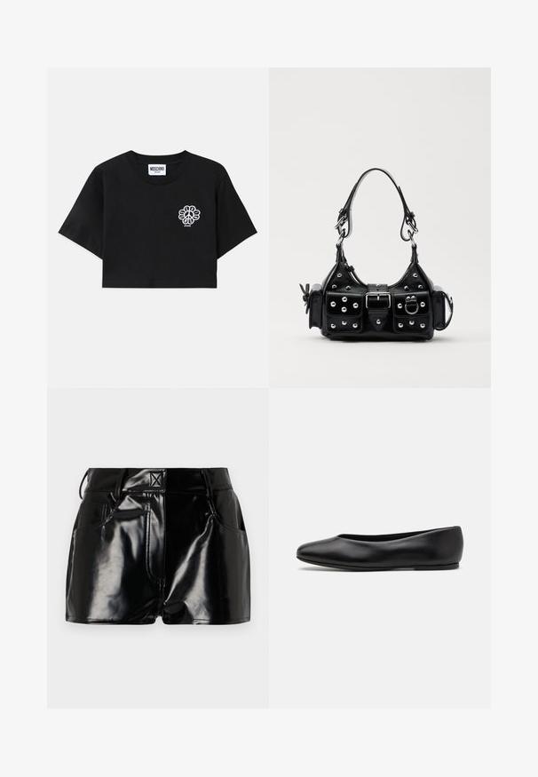 T-shirt preta cropped feita de algodão, com um gráfico de símbolo da paz floral branco no lado esquerdo do peito. Mangas curtas e um design de gola redonda.; Calções pretos e brilhantes feitos de material sintético. Apresentam uma cintura justa, passantes para cinto e bolsos frontais com detalhes de costura proeminentes.; Paul Smith TOPANGA - Sabrinas - black; Bolsa de couro preta com um design curvado, apresentando tachas prateadas, uma fivela e dois bolsos laterais. Alça ajustável para opções de transporte.