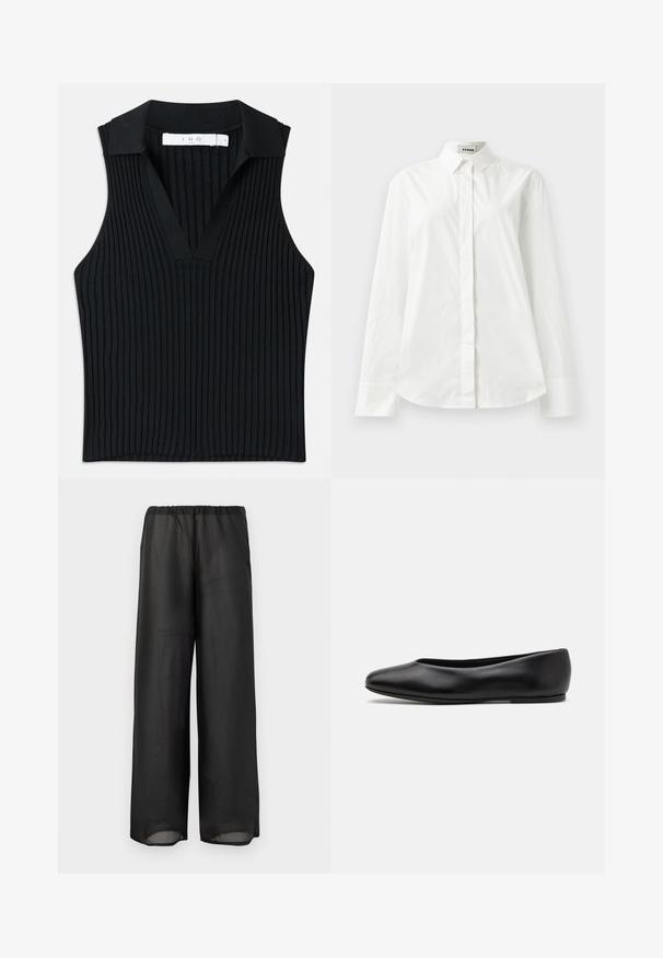 Schwarzes ärmelloses Oberteil mit Kragen, vertikaler Rippstruktur, V-Ausschnitt und taillierter Silhouette. Das Etikett zeigt den Markennamen "IRO."; Weißes Baumwollhemd mit langen Ärmeln, spitzen Kragen, Knopfverschluss vorne und abgerundetem Saum. Glatte Textur, normale Passform und keine Muster.; Schwarze weit geschnittene Hose aus leichtem, halbtransparentem Stoff mit elastischem Bund. Das Design zeichnet sich durch eine fließende und entspannte Silhouette aus.; Paul Smith TOPANGA - Klassischer Ballerina - black