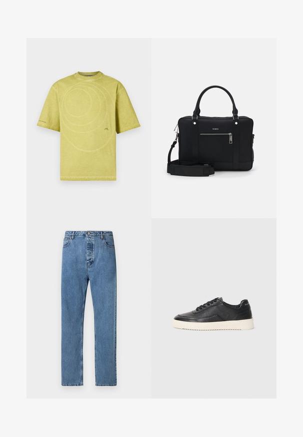 Vaaleankeltainen puuvillateeppari, jossa on pyöreä pääntie, lyhyet hihat ja etupuolella spiraalivärjäyskuvio. Minimalistinen brändäys alareunassa.; Siniset farkut suoran leikkauksen kanssa, joissa on edessä nappi- ja vetoketjukiinnitys, viisi taskua ja hillitty haalistuva pinta.; Mustat nahkakengät, joissa on teksturoitu pinta, pyöreä varvas ja litteat valkoiset kumipohjat. Varustettu mustilla nauhoilla ja brändäyksellä kannassa.; Mustakosketin kankaidakka, jossa on kaksi kahvaa, irrotettava olkahihna, etupuolella vetoketjullinen tasku ja hopeiset varusteet.