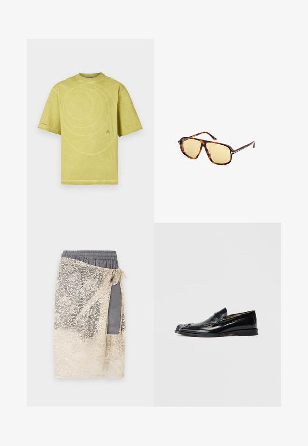 Jasnożółta bawełniana koszulka z okrągłym dekoltem, krótkimi rękawami oraz spiralnym wzorem na przodzie. Minimalne logo na dole.; Vivienne Westwood CHIPPENDALE UNISEX szary; Czarne skórzane mokasyny o gładkim wykończeniu, zaokrąglonym nosku, dekoracyjnym przeszyciu i niskim, skomponowanym obcasie. Brak widocznych znaków firmowych.; Okulary przeciwsłoneczne z oprawką z acetatu w kolorze żółwia, z żółtymi szkłami w kształcie kwadratu i metalowymi akcentami na zausznikach.