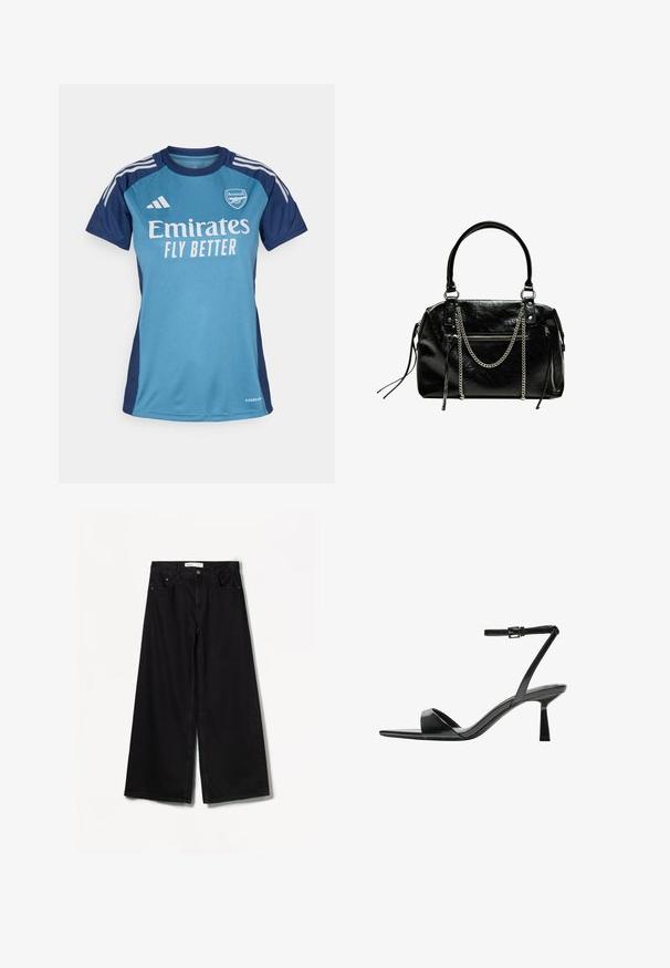 Turkusowa i granatowa koszulka piłkarska z krótkimi rękawami, z białym logo "Emirates", napisem "FLY BETTER" oraz paskami Adidas.; Bershka WIDE czarny; Bershka - Sandały na obcasie; Bershka - Torebka