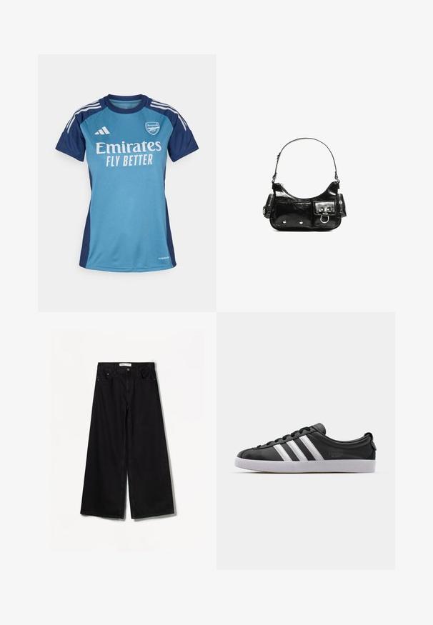Tyrkysový a námornícky modrý futbalový dres s krátkymi rukávmi, s bielym logom "Emirates", textom "FLY BETTER" a pruhmi Adidas.; Bershka WIDE-LEG - Široké nohavice - black; Čierne kožené tenisky s bielym trojpruhovým dizajnom, zaoblenou špičkou, plochou bielou gumovou podrážkou a značkovým detailom na boku.; Čierna laková kožená kabelka s ohnutým tvarom, jedným ramenným popruhom, prednými vreckami a striebornými kovovými doplnkami.