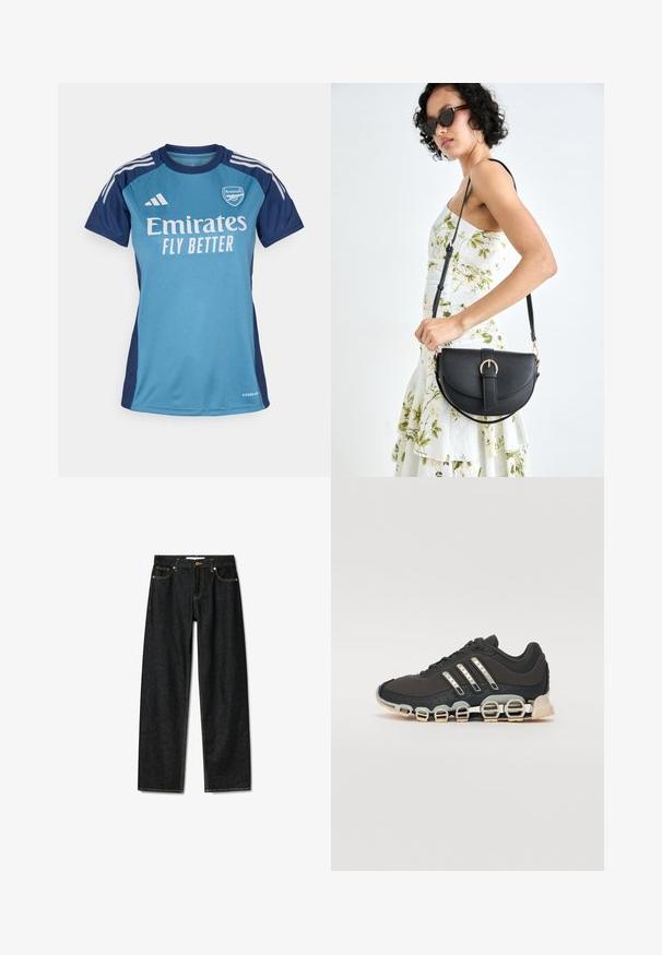 Turkusowa i granatowa koszulka piłkarska z krótkimi rękawami, z białym logo "Emirates", napisem "FLY BETTER" oraz paskami Adidas.; Ciemnogranatowe dżinsy o prostym kroju, z zamkiem na mosiężny guzik i kontrastującym żółtym przeszyciem. Posiadają pięć kieszeni i klasyczny krój.; Czarne sportowe buty z teksturowaną cholewką, trzema srebrnymi paskami i charakterystyczną podeszwą z amortyzacją, składającą się z wielu zintegrowanych sekcji.; Czarna skórzana torebka o zakrzywionym kształcie, z odpinanym paskiem i złotymi akcentami. Torebka posiada klapę z zapięciem w kształcie klamry.