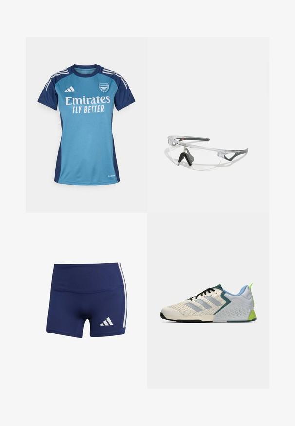 Turquoise en marineblauwe voetbalshirt met korte mouwen, voorzien van een wit "Emirates" logo, de tekst "FLY BETTER", en Adidas strepen.; Donkerblauwe sportshorts met een strakke pasvorm, gemaakt van gladde stof, met witte zijstrepen en een logo op de linkeronderzijde.; Lichte atletiekschoenen met een crèmekleurige mesh bovenwerk, grijze strepen, een groene accent en een gestructureerde blauwe hielkap. Zwarte veters.; Duidelijke veiligheidsbril met een lichtgewicht, transparant montuur en grijze accenten. Bevat een rond lopend ontwerp en een verstelbare neuspiece.