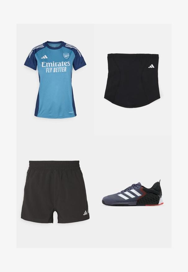 Türkise und marineblaue Fußballtrikot mit kurzen Ärmeln, ausgestattet mit dem weißen "Emirates"-Logo, dem Text "FLY BETTER" und Adidas-Streifen.; Schwarze sportliche Shorts aus leichtem Stoff. Mit elastischem Bund, seitlicher Reißverschlusstasche und einem reflektierenden Logo am Saum.; Lila Sportschuh mit Mesh-Obermaterial, drei weißen Streifen, gepolstertem Kragen, schwarzen und roten Akzenten, strukturiierter Sohle und Gummi-Außensohle.; Schwarzes Sport-Stirnband mit glatter Textur, geschwungener Form und elastischem oberen Teil. Verfügt über ein kleines weißes Adidas-Logo an der Seite.
