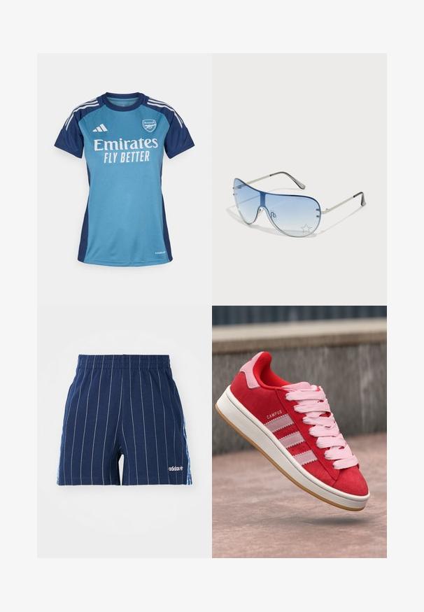 Türkis ja tume sinine jalgpallipluus lühikeste varrukatega, millel on valge "Emirates" logo, "FLY BETTER" tekst ja Adidas triibud.; Tumesinised lühikesed püksid valgete triipudega, elastne vöökoht ja Adidas logo. Küljel on sinised aktsendid, valmistatud puuvilla segu materjalist.; Punane sametist tennisekingad roosa aktsentidega, millel on kolm valget triipu ja heledad roosad paelad. Valge vaheosa ja kummist välispõhi.; Aviatori prillid, millel on gradient sinine objektiiv, hõbedane metallraam ja dekoratiivsed staaraktsendid objektiivil. Sujuv ja stiilne disain.
