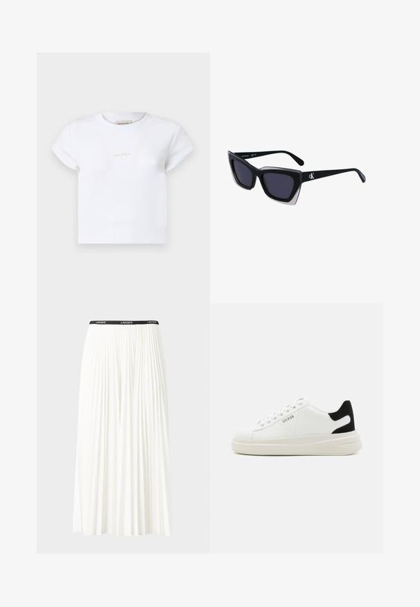 Biela bavlnená tričko s krátkymi rukávmi, na prednej strane s jemným zlatým logom "Calvin Klein" a okrúhlym výstrihom.; Plisovaná biela sukňa s čiernym elastickým pásom s logom "LACOSTE". Sukňa je stredne dlhá a má mäkkú textúru.; Biele kožené tenisky s hrubou bielou podrážkou, čiernym zamekom na päte a vyrazeným logom na boku. Šnurovací dizajn so šiestimi očkami.; Čierne oversized slnečné okuliare s geometrickým tvarom, s tmavými šošovkami a kontrastným šedým detailom na ráme. Logo na mostíku.