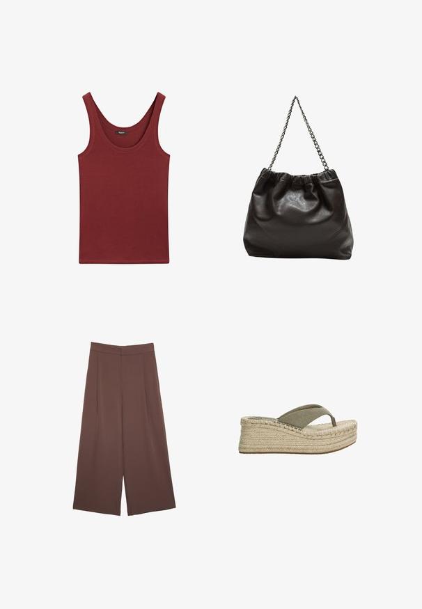 Burgundy sleeveless tank top made of soft cotton, featuring a scoop neckline and a regular fit with minimal stitching details.; Brown wide-leg trousers with a smooth texture, featuring a high waist and front pleats. The fabric is lightweight and flows loosely.; Espadrille wedge sandals with a beige rope sole, olive green canvas straps, and a textured fabric upper. Lightweight design with a slip-on style.; Brown leather bag with a gathered top and a chain strap. Smooth texture with a glossy finish and subtle seam detailing on the sides.