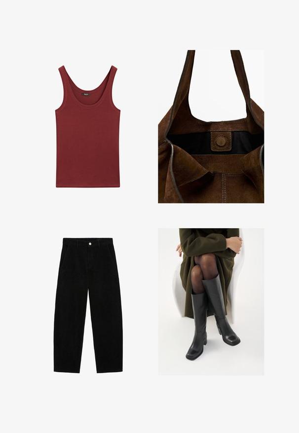 Canotta senza maniche bordeaux realizzata in morbido cotone, con scollatura a barca e vestibilità normale con minimi dettagli di cucitura.; Pantaloni in corduroy neri con design a gamba larga, dotati di tasche laterali e chiusura frontale con bottone. La trama è rigata, offrendo una sensazione morbida.; Stivali neri in pelle alti fino al ginocchio con punta squadrata e tacco a blocco, mostrati con un modello seduto in un cappotto verde oliva. Texture liscia, dettagli minimi.; Borsa tote in suede marrone con manici lunghi, interno foderato in nero, chiusura con bottone magnetico e logo impresso. Tocco morbido e design minimalista.