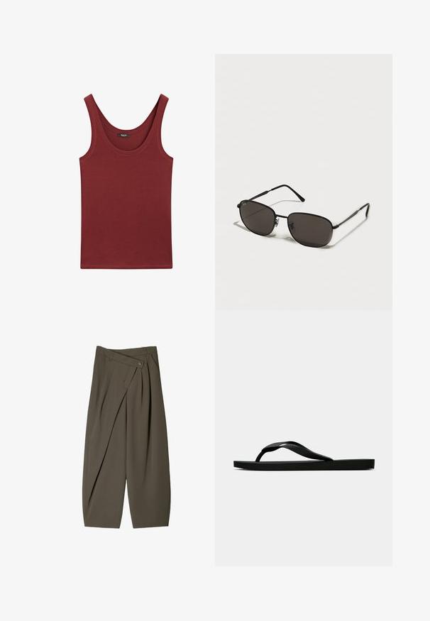 Burgundy ärmlös tanktop i mjuk bomull, med en rund halsringning och en vanlig passform med minimala sömnadsdetaljer.; Breda byxor i mörk olivgrönt tyg, med en veckad frontdesign, knappstängning och en polerad, texturerad yta.; Svart gummislip-in sandal med ett texturerat rem och enkel platt sula, visas från sidan på en enkel ljus bakgrund.; Svarta metallsolglasögon med oval form, mörka linser, smala skalmar och en subtil logotyp på vänster lins. Elegant och minimalistisk design.