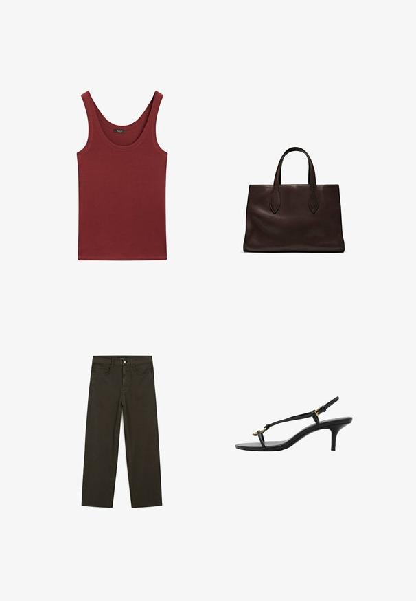 Bordeaux mouwloos tanktop van zachte katoen, met een ronde halslijn en een reguliere pasvorm met minimale stikseldetails.; Donkergroene wijde jeans van een katoenmix, met een sluiting met een voorste knop, vijf zakken en klassieke denimstiksels.; Zwarte leren kitten heel sandaal met dunne banden, gouden gesp en minimalistische teenlus op een witte achtergrond.; Bruine leren tote bag met twee verlengde handvatten, gestructureerde rechthoekige vorm, gladde textuur en subtiele stiksels.