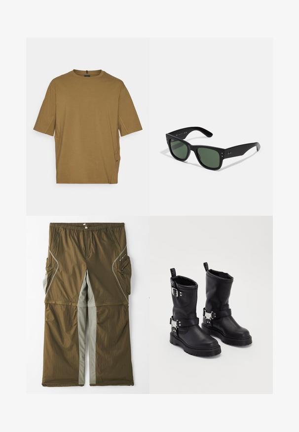 Majica kratkih rukava smeđe boje, izrađena od mekanog materijala, sa okruglim izrezom i bočnim prorezima za dodatnu udobnost. Jednostavan, neukrašen dizajn.; Smeđe lagane hlače siva bočna panela, elastični pojas i više bočnih džepova. Tekstura tkanine s suptilnim sjajem.; Crne kožne gležnjače s čvrstim potplatom, s bočnom remenom s kopčom i dekorativnim hardverom. Glatka tekstura s petljom za izvlačenje.; Crne pravokutne sunčane naočale sa zelenim staklima, mat završetkom, suptilnim metalnim detaljima i utisnutim logotipom na dršku.