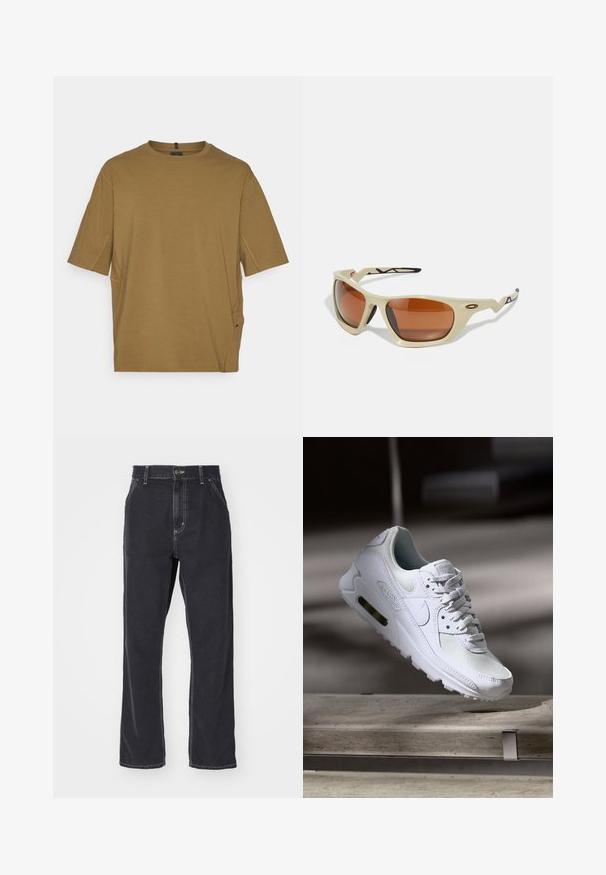 Short-sleeve, brown t-shirt made from soft fabric, featuring a round neckline and side slits for added comfort. Simple, unadorned design.; Black denim jeans with a straight-leg cut, featuring a zipper fly, five pockets, and contrast stitching along the seams.; White Nike Air Max 90 sneaker featuring a mesh and leather upper, perforated toe box, and a visible air unit in the heel.; Beige sports sunglasses with brown lenses, a streamlined design, textured black accents on the arms, and an angular shape.