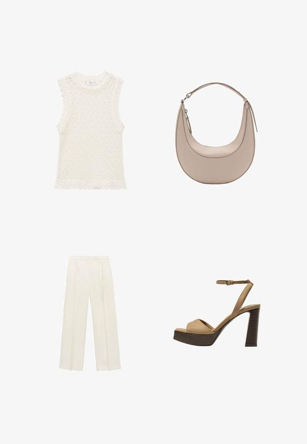 Pletený bezrukávový top v slonovinovej farbe s textúrovaným, otvoreným vzorom. Cik-cak okraje na otvoroch pre ruky a dolnom okraji dodávajú detail.; Široké nohavice vo svetlej krémovej farbe. Vyrobené z hladkej látky s skladmi vpredu a bočnými vreckami.; Bežové semišové sandále na vysokom opätku s širokým predným pásom a pásikom okolo členka, ktoré majú masívny drevený blokový opätok s textúrovaným povrchom.; Béžová kožená taška cez rameno s polkruhovým tvarom, hladkou textúrou a jedným zakriveným uchom. Obsahuje zipsové uzatváranie a úhľadné švy.