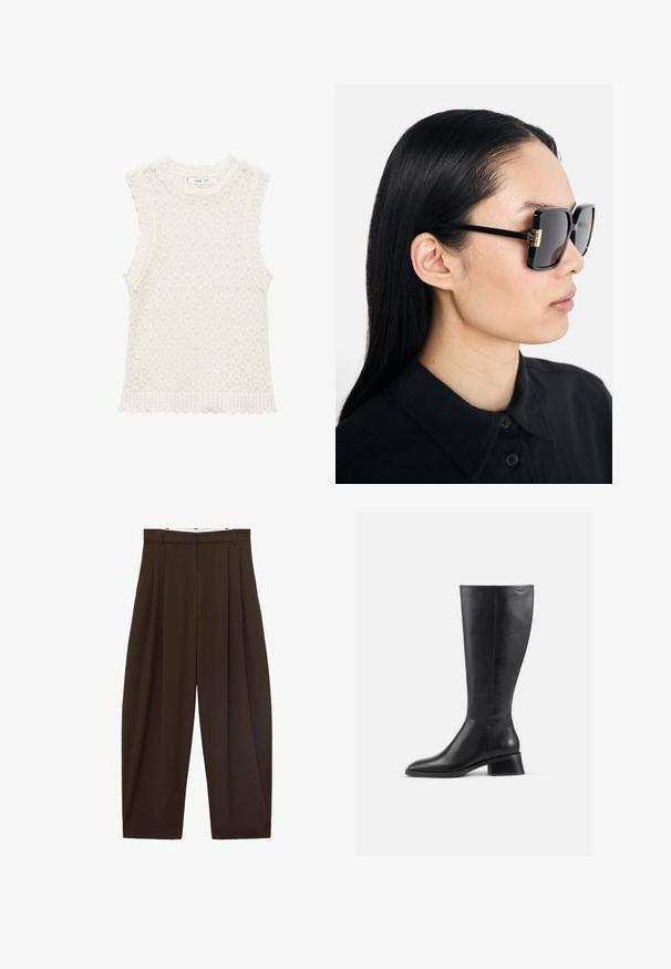 Top senza maniche in maglia color avorio con un design a trama aperta e testurizzata. I bordi scallopati nei fori delle braccia e all'orlo inferiore aggiungono dettagli.; Pantaloni marroni a vita alta con pieghe, realizzati in tessuto morbido. Vestibilità ampia, design a gamba dritta, dotati di passanti per cintura e chiusura con zip.; Stivale in pelle nera all'altezza del ginocchio con punta rotonda e tacco basso a blocco. Caratterizzato da una superficie liscia e dettagli di cucitura minimali.; Tory Burch Occhiali da sole - black/dark grey; Borsa a tracolla in suede marrone con doppio manico, chiusura a bottone e una forma rilassata, leggermente morbida.