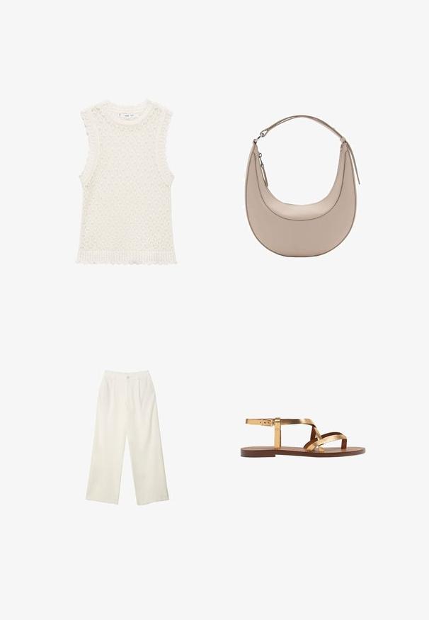 Pletený bezrukávový top v slonovinovej farbe s textúrovaným, otvoreným vzorom. Cik-cak okraje na otvoroch pre ruky a dolnom okraji dodávajú detail.; Široké nohavice z krémovej látky s hladkou textúrou, s jedným predným gombíkom, jemnými skladmi a vysokým pásom.; Zlaté metalické ploché sandále s viacerými širokými popruhmi, s prackou na členku a hnedou plochou podrážkou. Hladká textura po celom povrchu.; Béžová kožená taška cez rameno s polkruhovým tvarom, hladkou textúrou a jedným zakriveným uchom. Obsahuje zipsové uzatváranie a úhľadné švy.