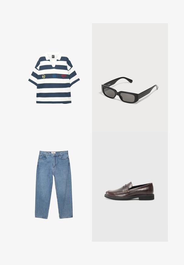 Gestreiftes Poloshirt in Navy-Blau und Weiß, mit kurzen Ärmeln und gestickten Logos in Gelb und Rot auf der Vorderseite.; Hellblaue Denim-Jeans mit geradem Schnitt, Fünf-Taschen-Design und einem sichtbaren Markenlabel am Bund.; Braune Leder Slipper mit glatter Oberfläche, die über ein dezentes gestepptes Detail im Obermaterial und eine schwarze Gummisohle verfügen.; Schwarze rechteckige Sonnenbrille mit graugläsern, aus glattem Kunststoff. Verfügt über ein minimalistisches Design mit geraden Bügeln und subtiler Markenkennzeichnung.