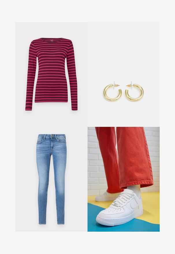 GAP CREW - Langarmshirt - burgundy; Slim-Fit hellblaue Jeans im Denim-Stil mit mittelhohem Bund, vorderem Knopf und Fünf-Taschen-Design.; Weiße Leder-Sneaker mit perforiertem Zehenbereich, strukturiertem Sohlen und weißen Schnürsenkeln, kombiniert mit weiten roten Hosen und einem blauen und gelben Hintergrund.; Goldene Creolen mit einer glatten, glänzenden Oberfläche. Zirkuläres Design mit einem kleinen Stecker und einer klaren Rückseite für einen sicheren Sitz.
