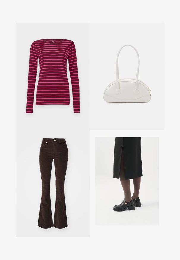 GAP CREW - Topper langermet - burgundy; Vero Moda VMFLASH FLARED PANTS - Bukse - chocolate torte; Sorte lærersko med rund tå, tykk blokkheel og elastiske sideaksenter, sammen med mørke strømpebukser og et svart skjørt med splitt.; Even&Odd Håndveske - off-white