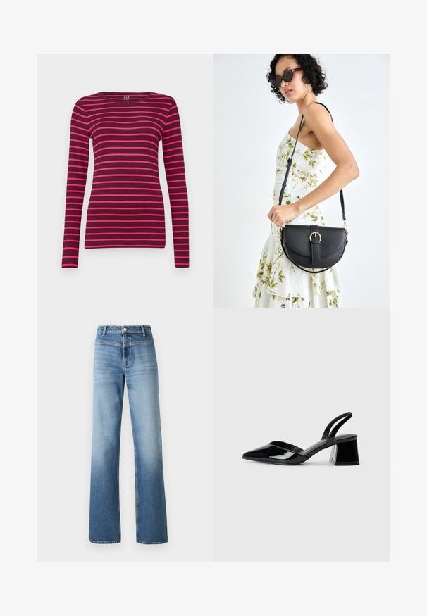 GAP CREW - Majica z dolgimi rokavi - burgundy; Svetlo modri jeans s visokim pasom, ravno krojenje, zbledelim pranjem in klasičnim pet-pocket stilom. Zaključeni z gumbom za zapiranje.; Črne lakirane slingback pete s koničastim nosom in geometrijsko blokasto peto. Imajo eleganten, minimalističen dizajn in gladko teksturo.; Črna usnjena torbica s ukrivljeno obliko, z odstranljivo naramnico in zlatimi dodatki. Torbica ima pokrov s podrobnostmi v obliki zaponke.