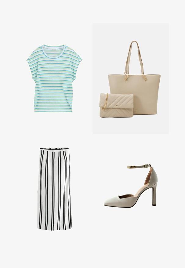 Gestreepte short-sleeve top in lichtblauw, groen en wit. Beschikt over een ronde halslijn en een losse pasvorm van een zachte, ademende stof.; Next COLUMN - REGULAR FIT - Maxirok - black white; Lichtgrijze hoge hak schoen met een puntige neus, open vamp ontwerp, enkelbandje en gouden kettingaccent. Gladde leren textuur.; Beige shoppers tas met platte handvatten, een gladde textuur en gouden accenten, gecombineerd met een bijpassende doorgestikte clutch met een kettingband.