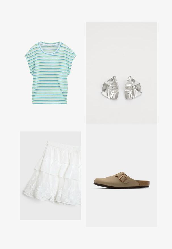 Prúžkovaný top na krátky rukáv vo svetlomodrej, zelenej a bielej farbe. Má okrúhly výstrih a voľný strih s mäkkou, priedušnou látkou.; Biely vrstvený sukňa vyrobená z ľahkej látky, ktorá má riasený dizajn a kvetinovú čipkovanú obrubu na leme. Elastický pás.; Bežové dreváky s okrúhlou špičkou, nastaviteľnou sponou a korkovou stielkou. Textúrovaný povrch s čiernou gumovou podrážkou na lepšiu priľnavosť.; Strieborné kovové náušnice s vlnitým, sochárskym dizajnom, s lešteným povrchom a nepravidelnými tvarmi, ktoré zvýrazňujú súčasnú estetiku.